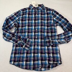 Stone Rose Shirt Men's 2 Blue Purple Plaid 100% Cotton Long Sleeve‎ Button-Up
